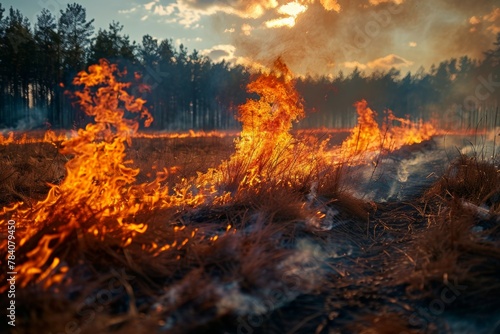 A field of dry grass is on fire, with flames shooting up into the sky