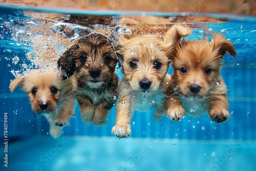 A group of four puppies are swimming in a pool. Summer heat concept, backdrop