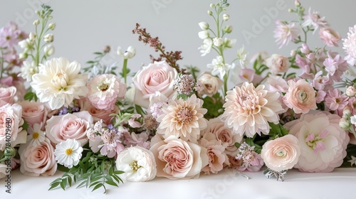   A tabletop arrangement of pink and white flowers sitting side by side