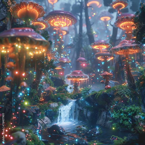 Bring to life a mystical forest realm where bioluminescent flora and fauna enchant the viewer in a detailed digital rendering Create a surreal panorama filled with glowing mushrooms, ethereal beings,