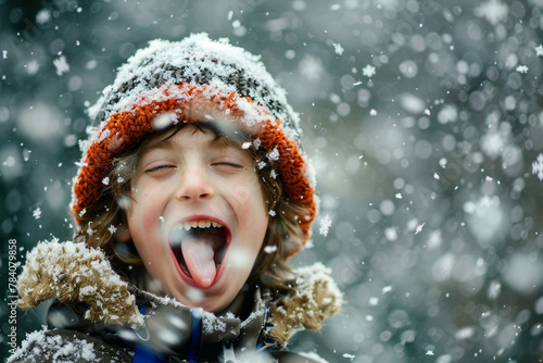 A boy in a winter hat catching snowflakes with his tongue.