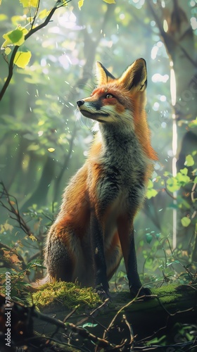 Craft a photorealistic image of an inquisitive fox at eye level in a lush forest setting, capturing every detail of its fur and keen eyes Highlight the dynamic play of light and shadows to add depth a