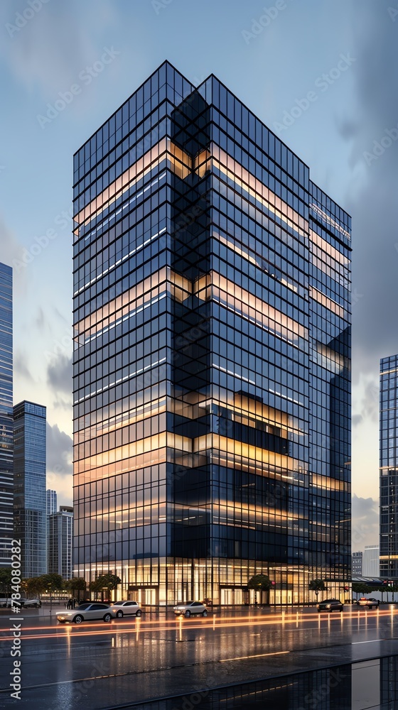 Design a modern office building in photorealistic style at a dramatic tilted angle view, highlighting glass facades and reflective surfaces to convey sophistication and elegance