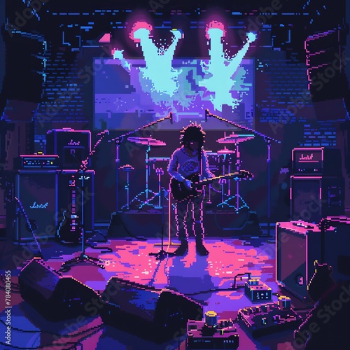 Illustrate a pixel art scene of a musician performing on stage from a worms-eye view Include detailed lighting effects to enhance the energy of the performance