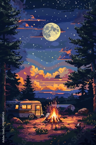 Illustrate a pixel art scene of a camper sitting by a crackling campfire under a starry sky Use a retro color palette to evoke a sense of nostalgia and adventure