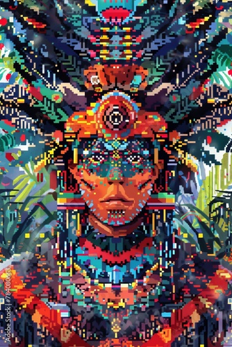 Illustrate cultural diversity in a unique pixel art style through a frontal view Combine different cultural symbols and colors to create a visually striking and harmonious composition
