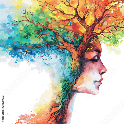 Abstract beautiful woman face drawn with watercolor
