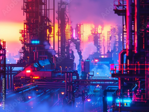 Transform the bustling industrial landscape into a pixelated masterpiece with a mix of vibrant colors and geometric shapes in a digital rendering style Give a modern twist to traditional industrial sc