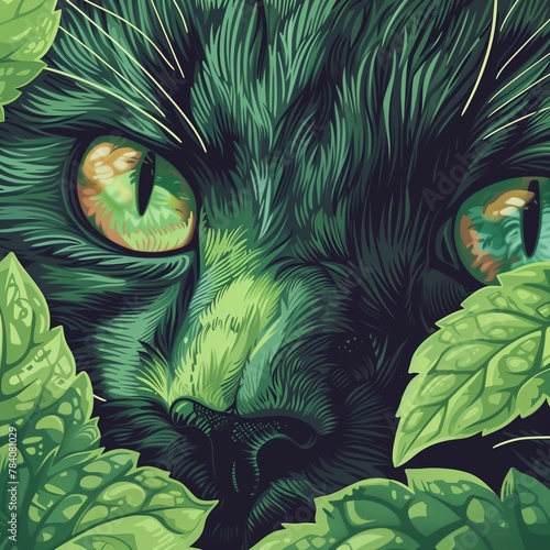 A captivating illustration of a cat enraptured by the scent of catnip, ideal for feline enthusiasts and natural remedy themes. photo