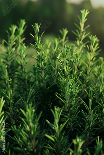 A realistic close-up of rosemary herb, bathed in natural light, suitable for culinary, gardening, and botanical presentations.