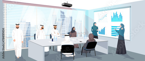 A professional meeting with Arab participants in a modern office, vector illustration on a cityscape background, concept of business presentation. Vector illustration © GN.STUDIO