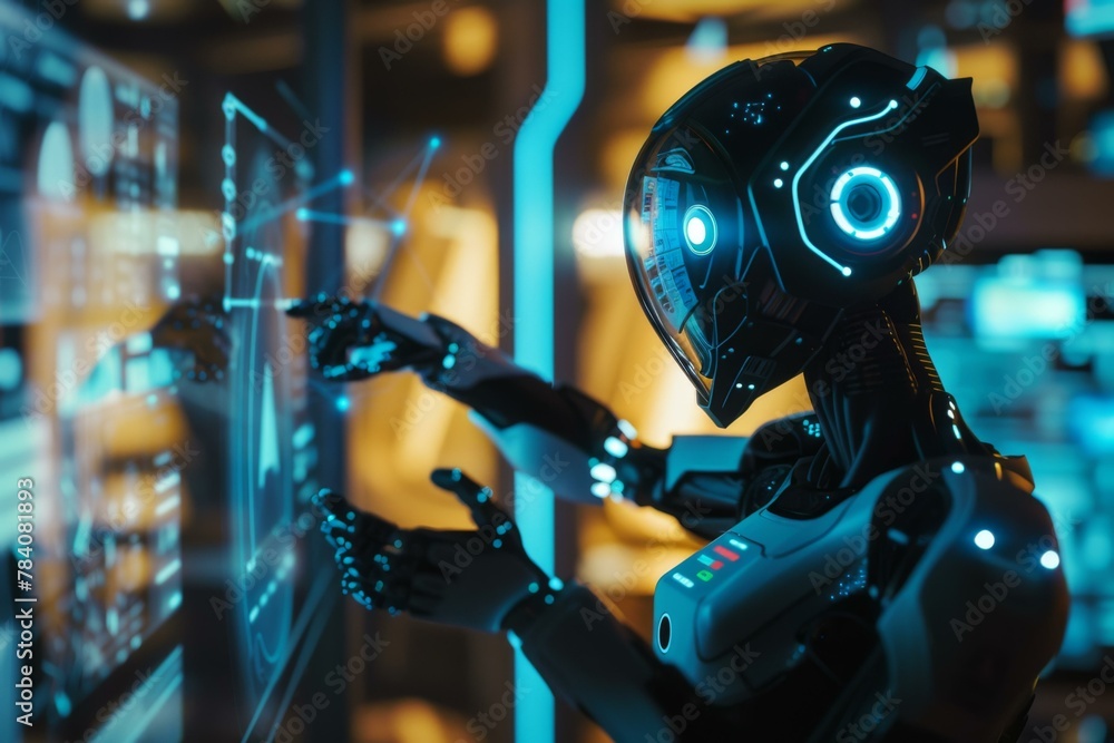 Futuristic Robot Interacting with Holographic Interface, AI Technology Concept Futuristic Robot Interacting with Holographic Interface, AI Technology Concept