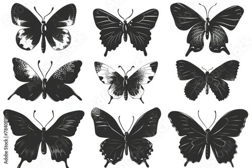 Set of black butterflies in the style of grunge stamp and organic shapes. Tattoo silhouette  hand drawn stickers  Y2k aesthetic. Vector graphic in trendy retro 90s style. Grain texture butterfly vecto