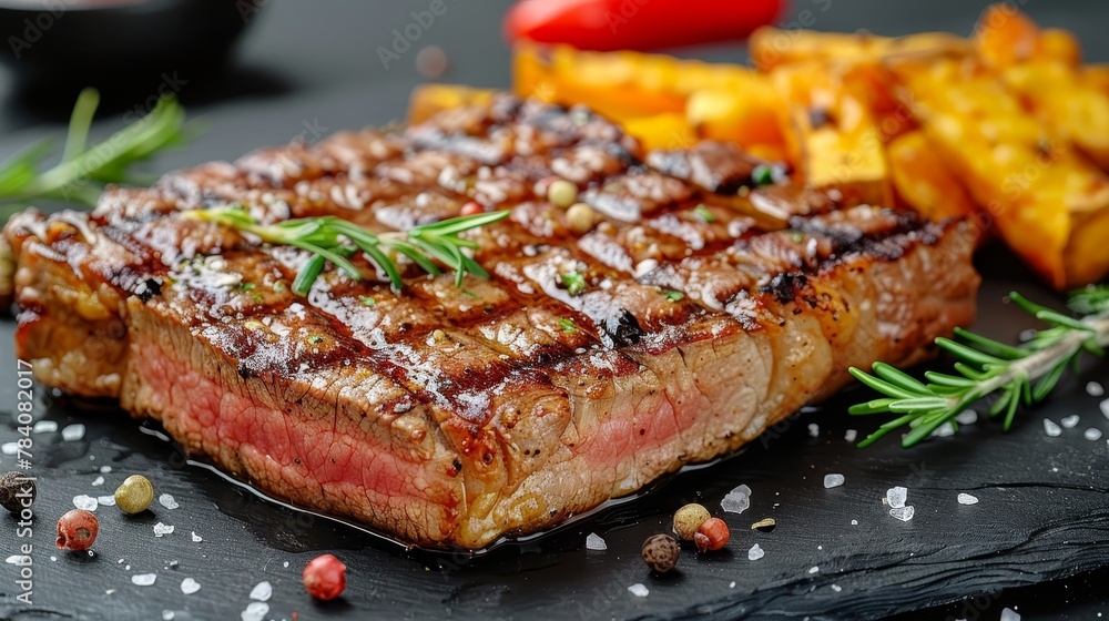 Steak with garnish atop, adjacent to a mound of potato wedges Steak with garnish atop, adjacent to a mound of potato wedges