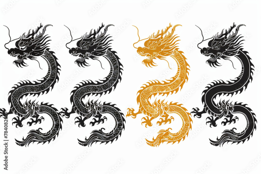Set of four chinese dragons of black and gold colors. Symbol of New Year 2024. Asian vintage zodiac symbols. Design elements for your holiday banners and posters. vector icon, white background, black 