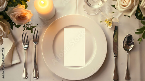 A white round plate occupies the center of attention, adorned with a blank menu card resting on its surface.