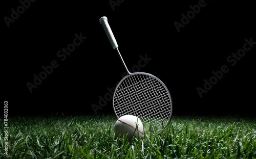 Badminton ball and racquet on grass in black background