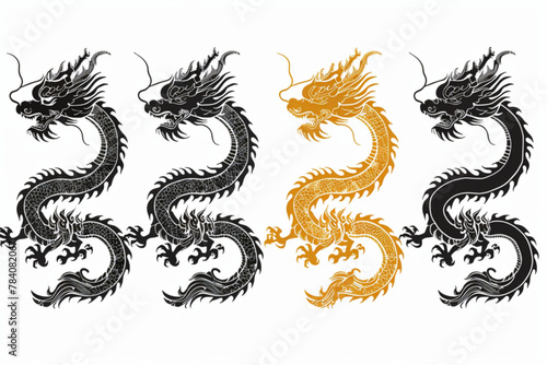 Set of four chinese dragons of black and gold colors. Symbol of New Year 2024. Asian vintage zodiac symbols. Design elements for your holiday banners and posters. vector icon  white background  black 