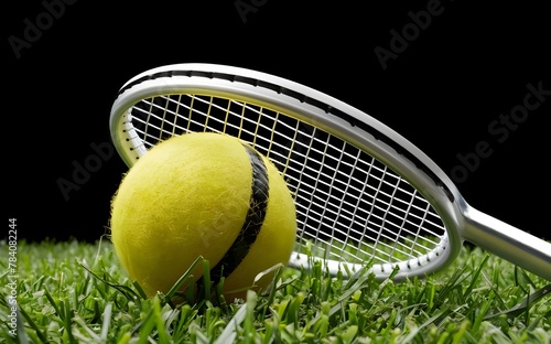 Badminton ball and racquet on grass in black background