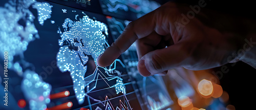 Central Focus: A hand, holding a pen, points at a line graph representing financial trends.