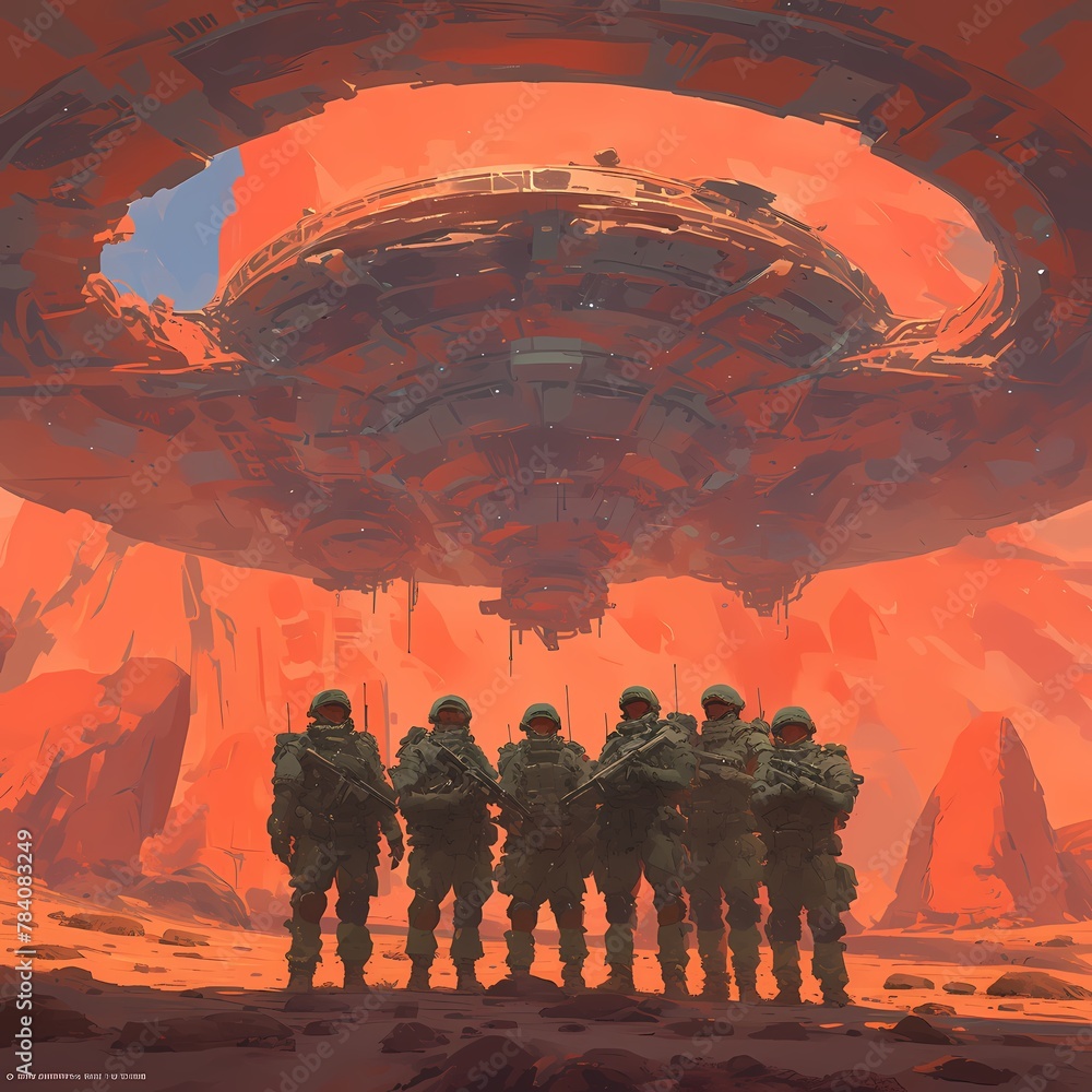 A team of courageous explorers standing confidently in front of a UFO on the surface of Mars.