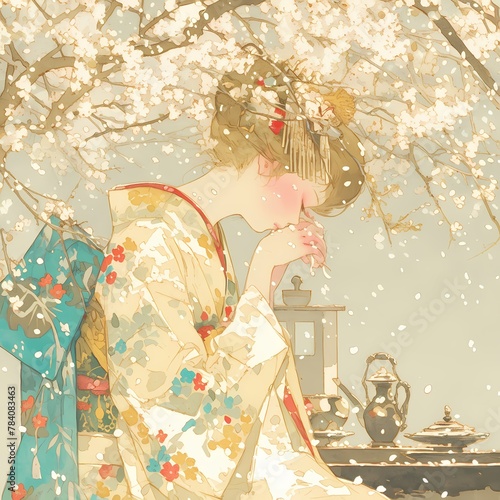 Exquisite Japanese Tradition: A Soothing Tea Ceremony Under Sakura Trees photo