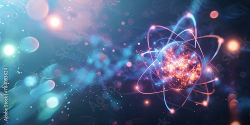 Abstract Quantum Physics Concept with Glowing Atomic Particle