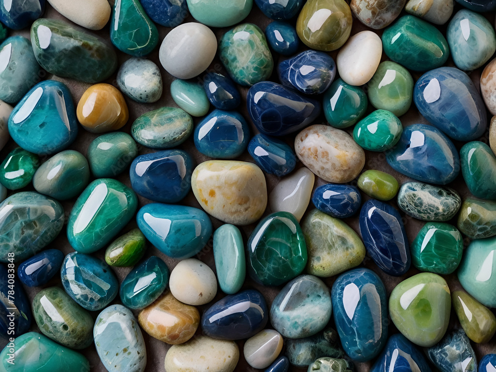Trendy blue and green small sea stone pebble background. Colorful gemstones crystal pebbles on beach. Multicolored abstract beach nature pattern Trendy blue and green small sea stone pebble background. Colorful gemstones crystal pebbles on beach. Multicolored abstract beach nature pattern