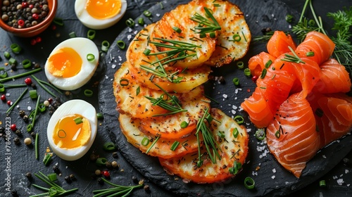  A tight shot of a black plate bearing eggs, salmon, and a solitary egg, garnished with a sprig of green