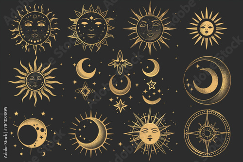 Vector golden set of mystical magic different sun and moon. Spiritual occultism objects, trendy style. Elements template for posters, prints, patterns, illustrations and logos vector icon, white backg