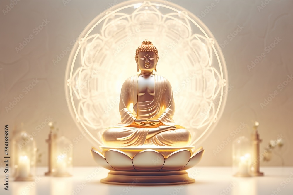 white buddha in luxury room. LED light built in, minimalist, 3D rendering white buddha in luxury room. LED light built in, minimalist, 3D rendering