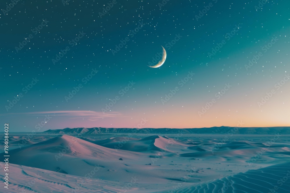 Starry Night Desert Landscape with Crescent Moon, Serenity Concept
