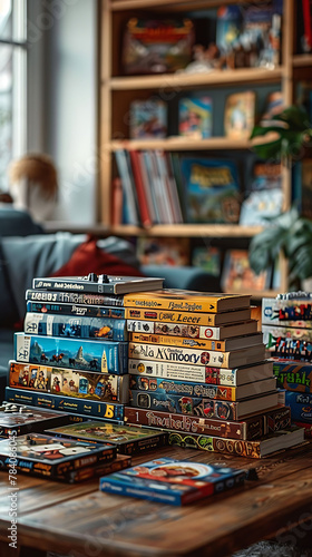 Macro shot of a stack of board games on a coffee table, scandinavian style interior