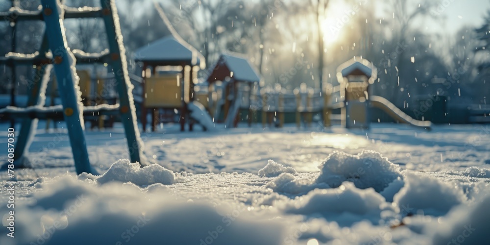 A snowy playground with a swing set in the background A snowy playground with a swing set in the background