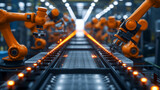 Modern automated manufacturing line, orange robotic arms are symmetrically aligned on both sides of conveyor belt, equipped with tools for precision tasks. Concept for new industrial revolution