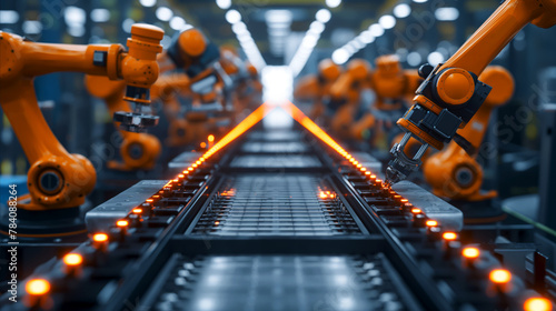 Modern automated manufacturing line, orange robotic arms are symmetrically aligned on both sides of conveyor belt, equipped with tools for precision tasks. Concept for new industrial revolution photo