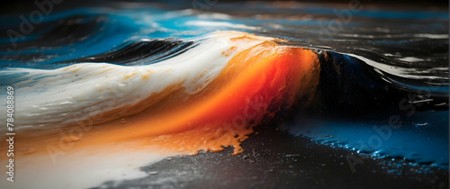 An artistic interpretation of a wave featuring a vibrant clash of cool blues and fiery oranges