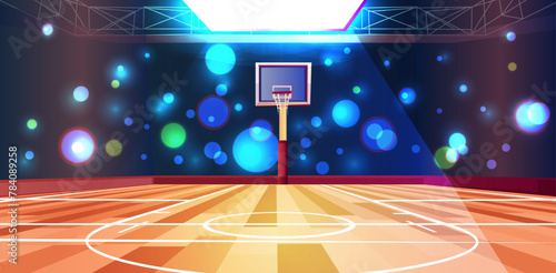 A vibrant vector illustration of an indoor basketball court with colorful lighting effects in the background. Vector illustration