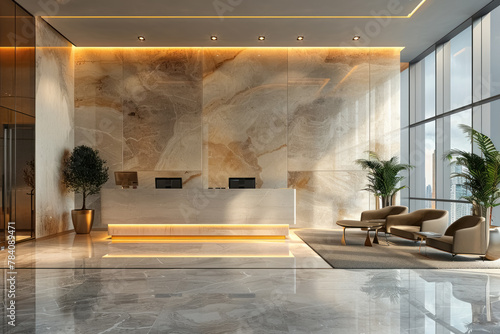 modern luxury lobby interior with marble reception desk, elegant furniture, and panoramic windows photo