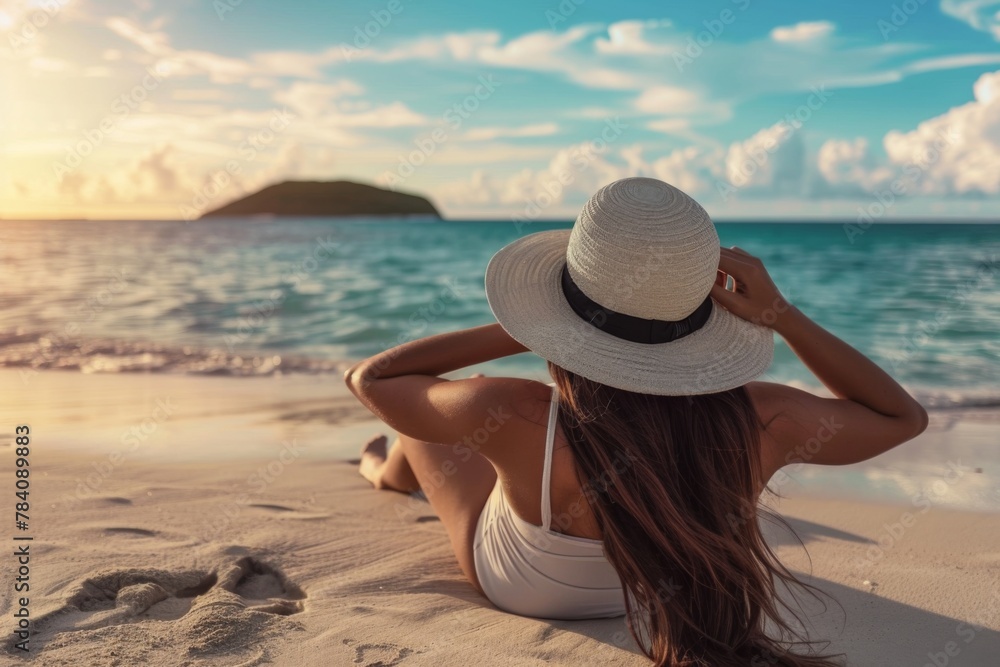 Woman enjoying the sunset on the beach, holding her sunhat from behind