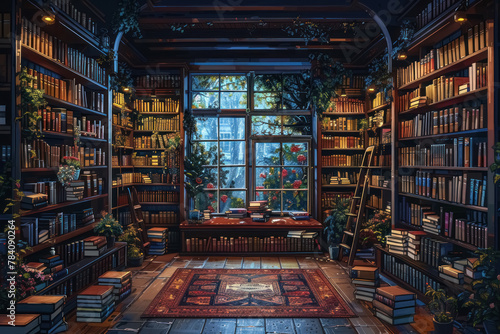 enchanting home library with wooden shelves filled with books, a cozy reading nook by the window, and lush greenery