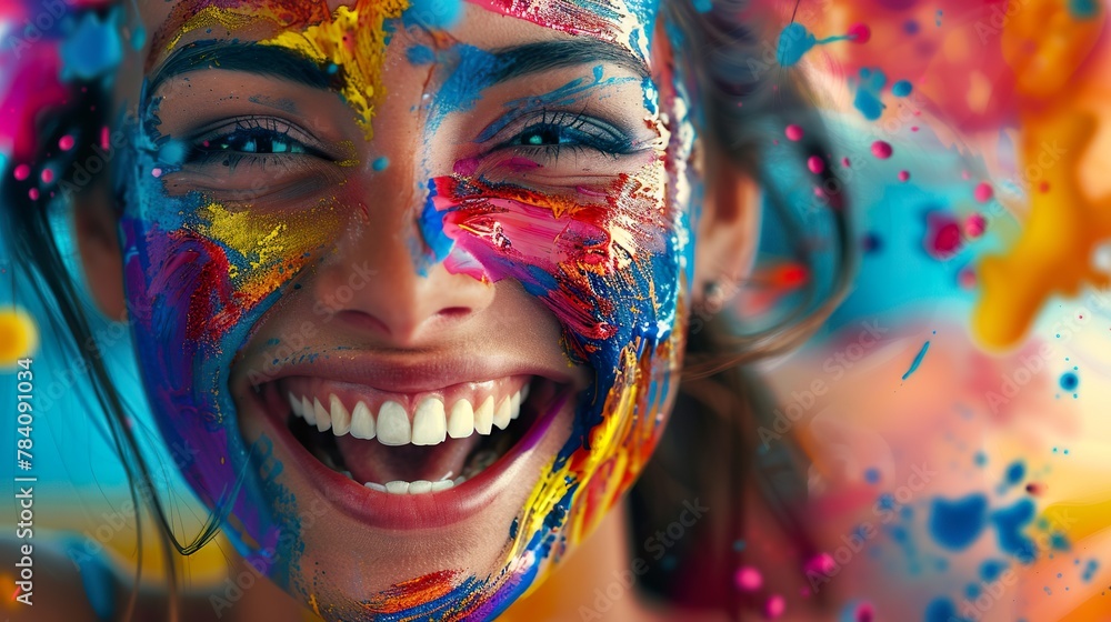 A portrait of a very happy young woman with colorful paint splashes in a harmonious dance. Happy smiling woman in creative photography style.