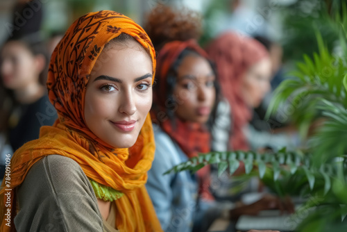diverse group of people in a public space with focus on colorful headscarves and natural greenery