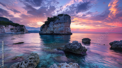 Corfu, Greece. Beautiful landscape with a huge rock in the water at sunset photo