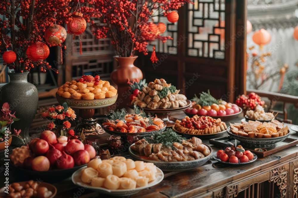 traditional asian feast with assorted delicious dishes, red lanterns and blossoms for celebrations