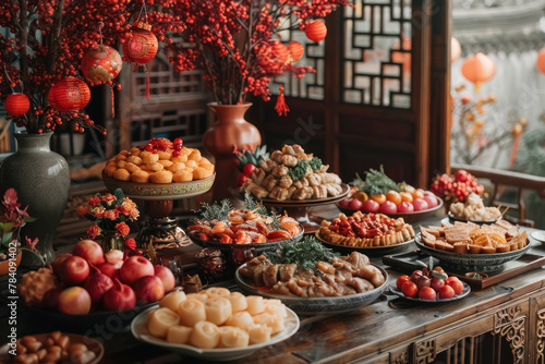 traditional asian feast with assorted delicious dishes  red lanterns and blossoms for celebrations
