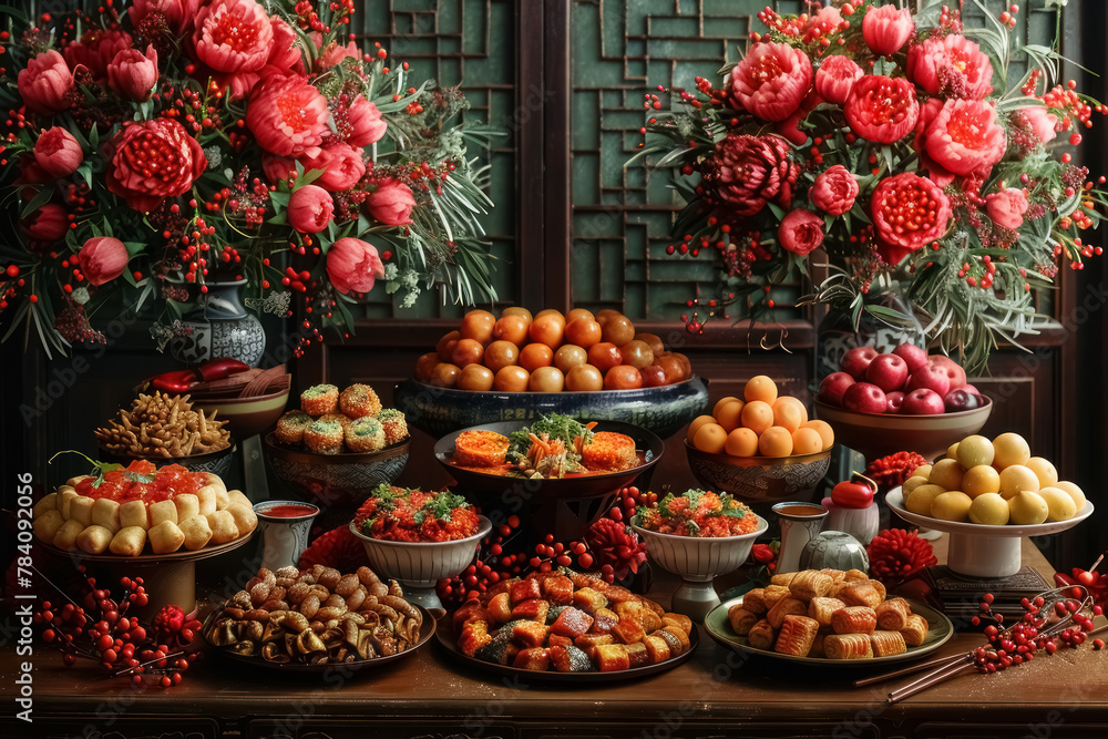 exquisite banquet spread with vibrant flowers and assorted gourmet dishes