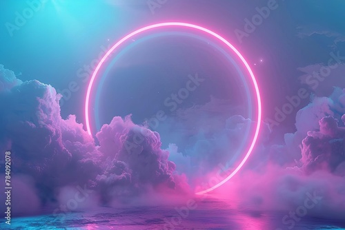 3d render of a pink blue neon light round frame with stormy clouds and copy space abstract minimal background digital ilustration