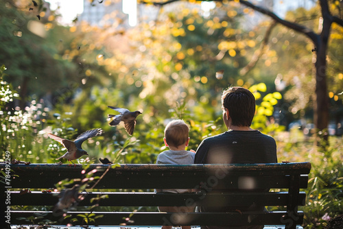 A father and baby sitting on a park bench, watching birds fly by photo