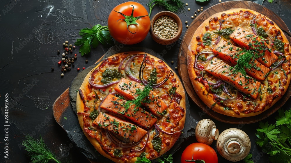   A few pizzas atop a cutting board, accompanied by a bowl of tomatoes and assorted vegetables